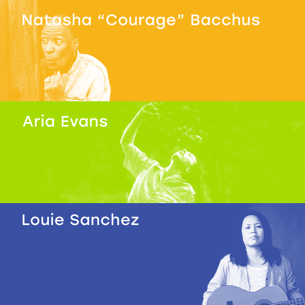 Horizontal stripes of orange, green, blue. Text: Natasha Courage Bacchus. Aria Evans. Louie Sanchez.