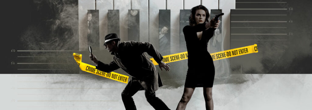 A woman in a black dress points a pistol. A detective in a grey coat brandishes a magnifying glass. Yellow police tape, grey mist.