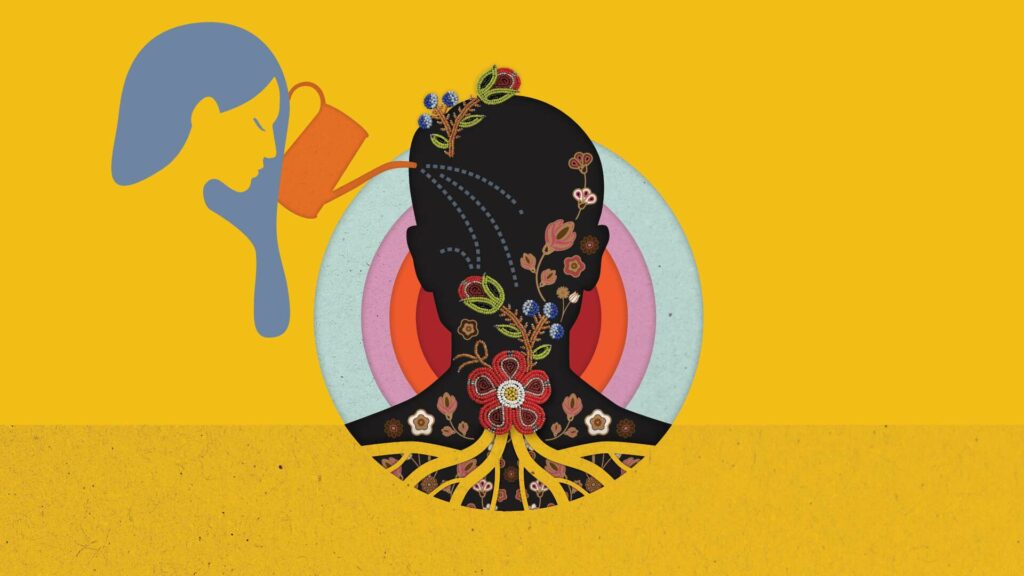 A silhouette of a head on a yellow background. Colourful beadwork flowers grow inside the silhouette as they are watered by a woman above.