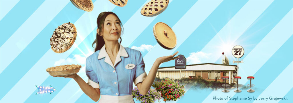 A woman in retro sky-blue waitress outfit juggles pies, staring hopefully into the sky.