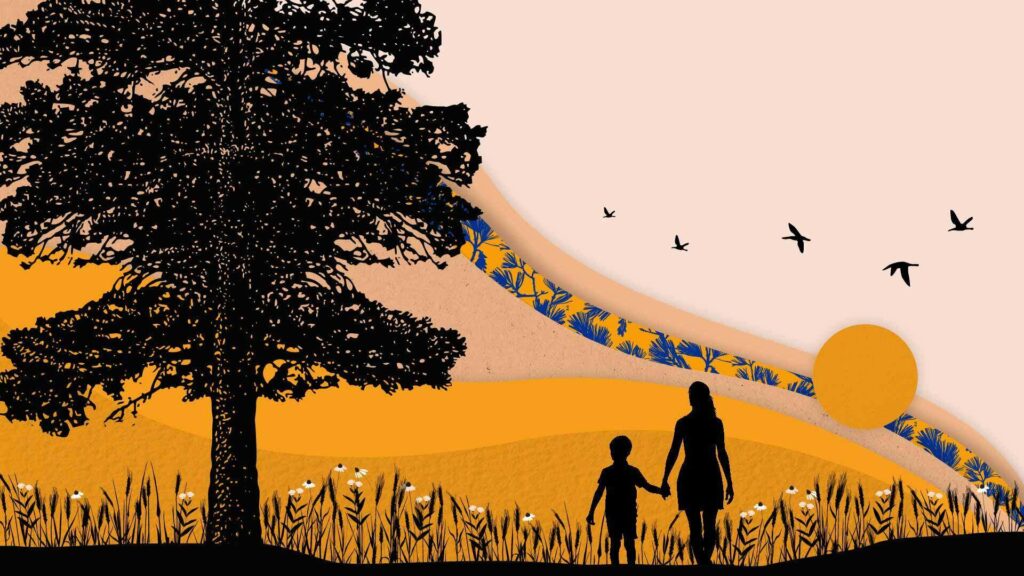 A silhouette of a woman and a young boy walking through a field. They are dwarfed by a giant pine tree. Geese fly through the sky. Peach coloured waves slide across the sky behind the setting sun.